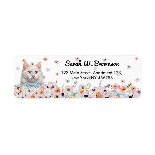 White Cat Flowers Blue Bow Tie Label