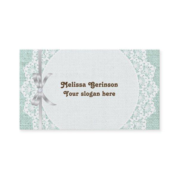 White doily with lace & mint green colored burlap