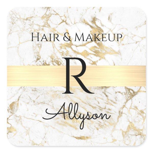 White/Gold Marble Bus Promo, Name Initial Service Square Sticker