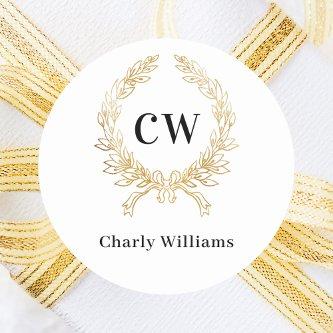 White gold monogram initials wreath classic round sticker