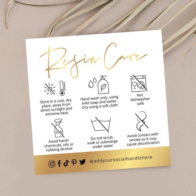 White & Gold Script Logo Resin Coasters Care Guide Square