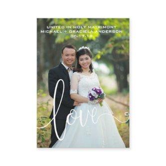 White Love Script Overlay Wedding Favor Holy Card