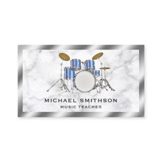 White Marble Metallic Blue Drum Kit Drummer