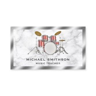 White Marble Metallic Red Drum Kit Drummer