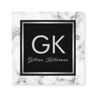 White Marble Silver Monogram Square