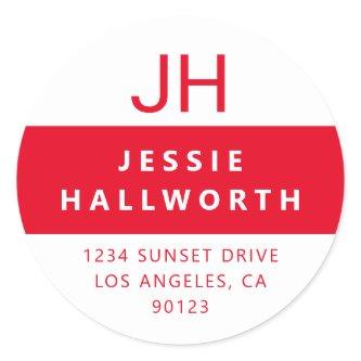 White & Red Stylish Modern Monogram Classic Round Sticker