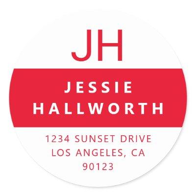 White & Red Stylish Modern Monogram Classic Round Sticker