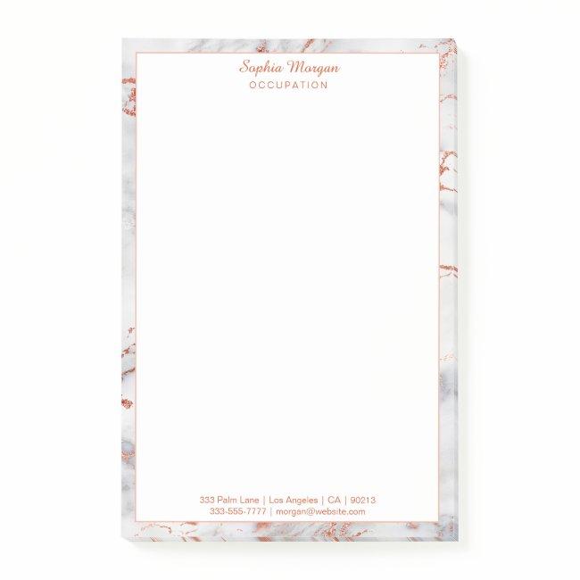 White & Rose Gold Marble Border, Name Info Notepad