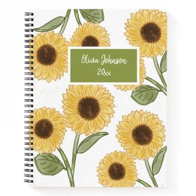White Sunflower Flower Illustration Cute Design Notebook