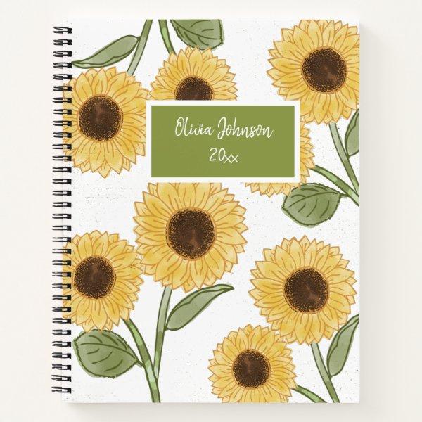 White Sunflower Flower Illustration Cute Design Notebook