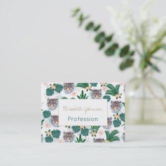 White Tropical Floral Foliage and Leopard Faces
