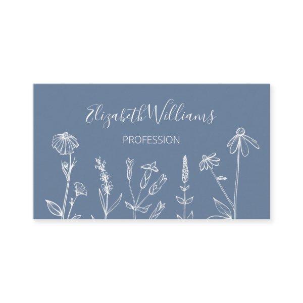 White Wildflowers Line Art Dusty Blue