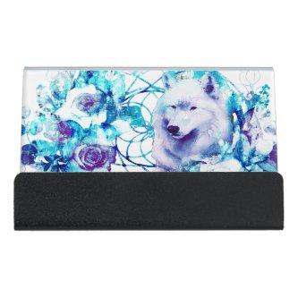 White Wolf Dreamcatcher Purple Blue Floral Desk  Holder