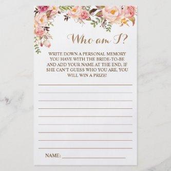 Who am I?Pink Floral Bridal Shower Game Card Flyer