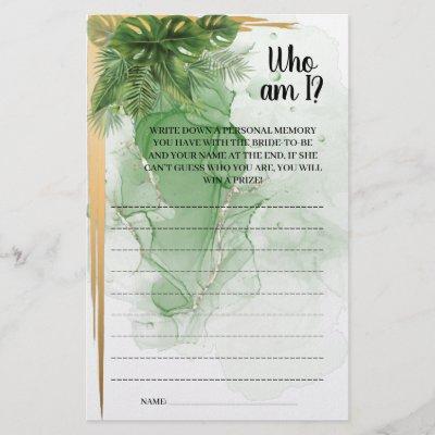 Who am I Tropical Palm  Bridal Shower Game Card Flyer