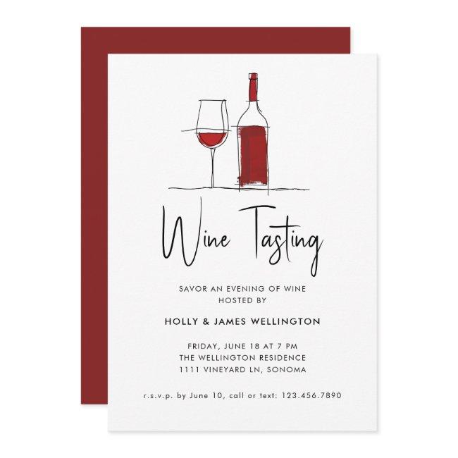Wine Tasting Modern Line Drawing Red Vino Invitation