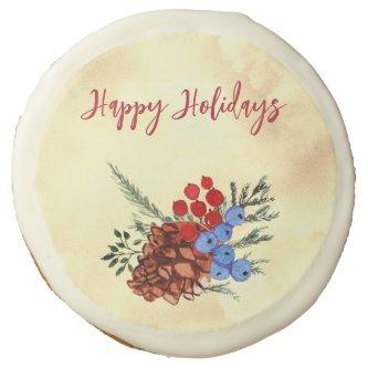 Winter Barries Merry Christmas Trees Yellow Red Sugar Cookie