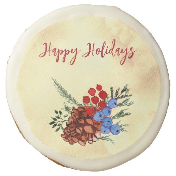 Winter Barries Merry Christmas Trees Yellow Red Sugar Cookie