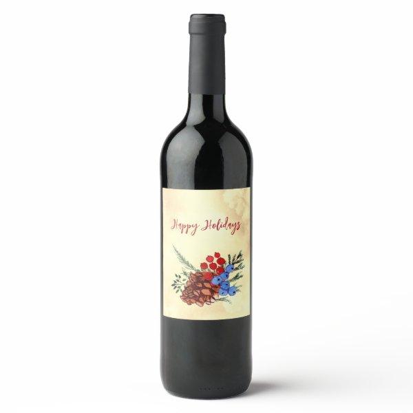 Winter Barries Merry Christmas Trees Yellow Red Wine Label
