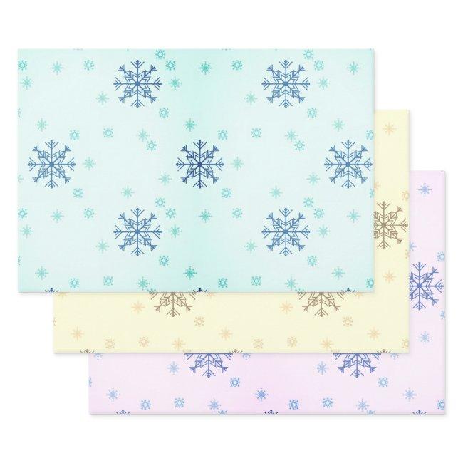 Winter Christmas Snowflakes Blue Yellow Snow Wrapping Paper Sheets