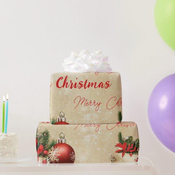 Winter Merry Christmas Pine Tree Red Glass Balls Wrapping Paper