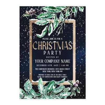 Winter Snow Gold Navy Leaf Corporate Christmas Invitation
