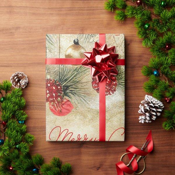 Winter Vintage Christmas Red Glass Balls Wrapping Paper