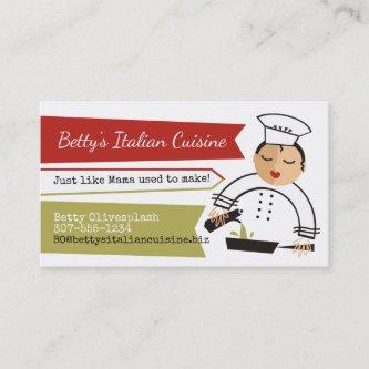 Woman chef olive oil skillet Italian catering
