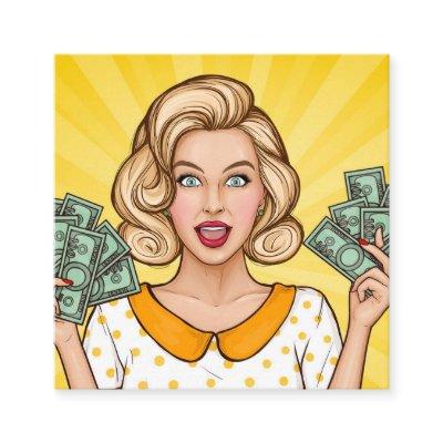 Woman holds money square