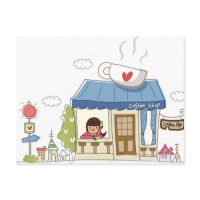 Woman in a coffee shop postcard
