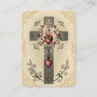 Wood Cross Sacred Hearts Angels Flowers Holy Card