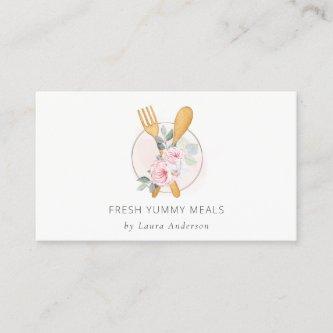 Wooden Fork Spoon Blush Pink Floral Chef Logo