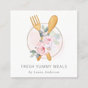 Wooden Fork Spoon Blush Pink Floral Chef Logo  Square