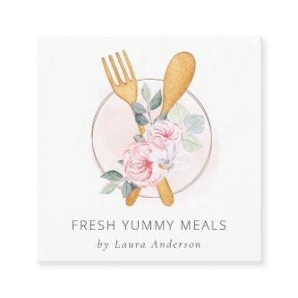 Wooden Fork Spoon Blush Pink Floral Chef Logo  Square