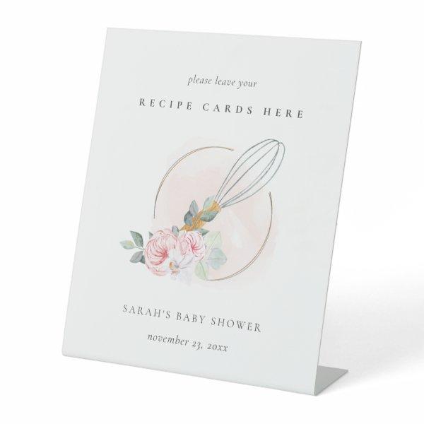 Wooden Whisk Blush Floral Recipe Card Baby Shower Pedestal Sign