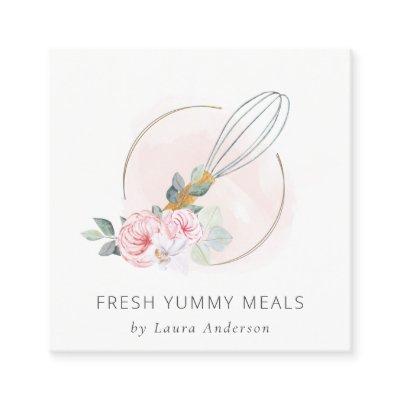 Wooden Whisk Blush Watercolor Floral Chef Logo Square