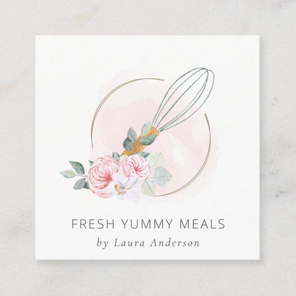 Wooden Whisk Blush Watercolor Floral Chef Logo Square