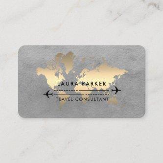 World Map Travel Agent Watercolor Gold Tourism Bus