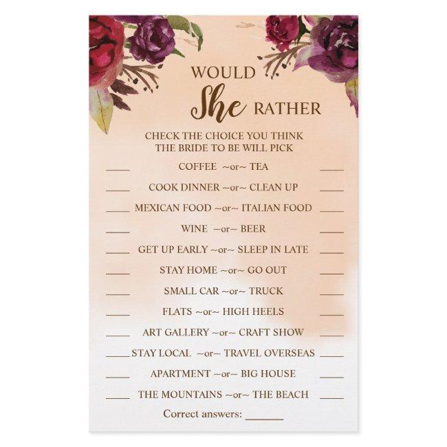 Would She Rather Burgundy Bridal Shower Game Card Flyer