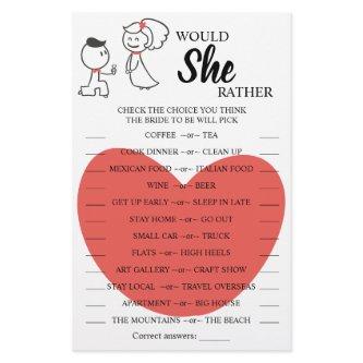 Would She Rather Couple Bridal Shower Game Card Flyer