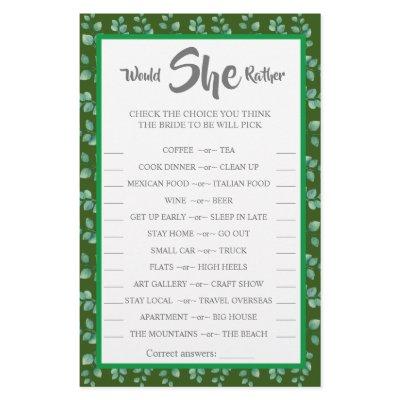 Would She Rather Eucalyptus BridalShower Game Card Flyer