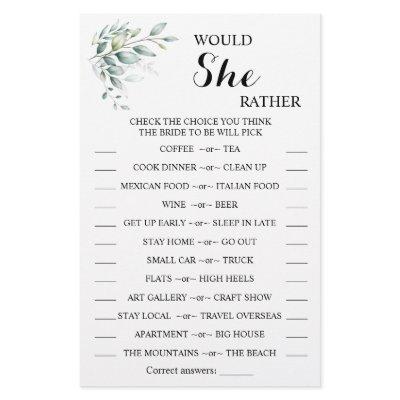 Would She Rather Eucalyptus BridalShower Game Card Flyer