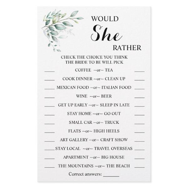Would She Rather Eucalyptus BridalShower Game Card Flyer