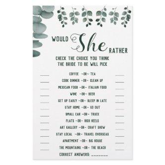 Would She Rather Eucalyptus BridalShower Game Card Flyer