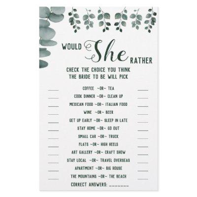 Would She Rather Eucalyptus BridalShower Game Card Flyer