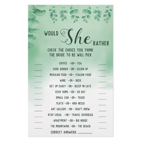 Would She Rather Eucalyptus BridalShower Game Card Flyer