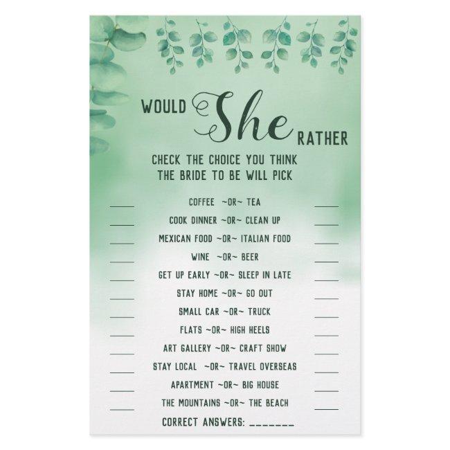 Would She Rather Eucalyptus BridalShower Game Card Flyer