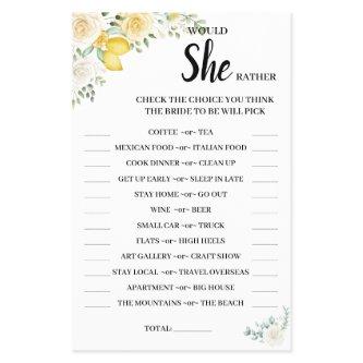 Would She Rather Lemon&Rose BridalShower Game Card Flyer