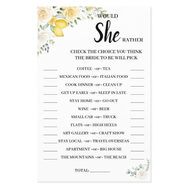 Would She Rather Lemon&Rose BridalShower Game Card Flyer