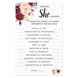 Would She Rather Marsala Bridal Shower Game Card Flyer